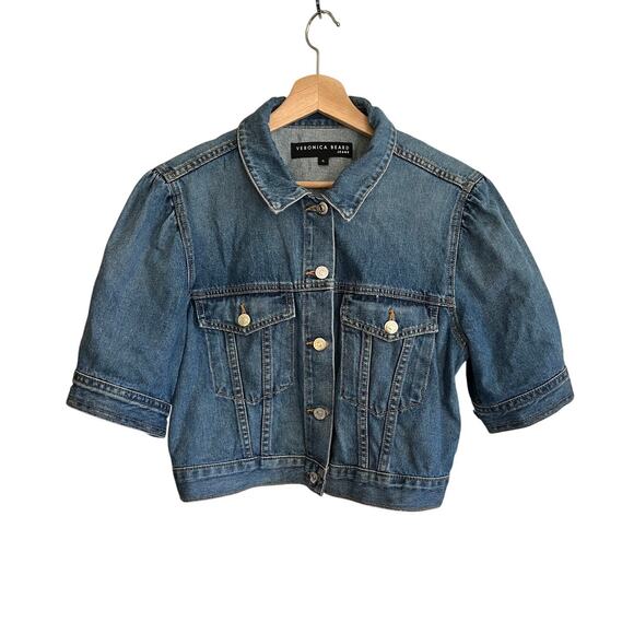 Veronica Beard Raina Blue Jean Denim Cropped Jacket Short Puff Sleeve | XL - Picture 2 of 13
